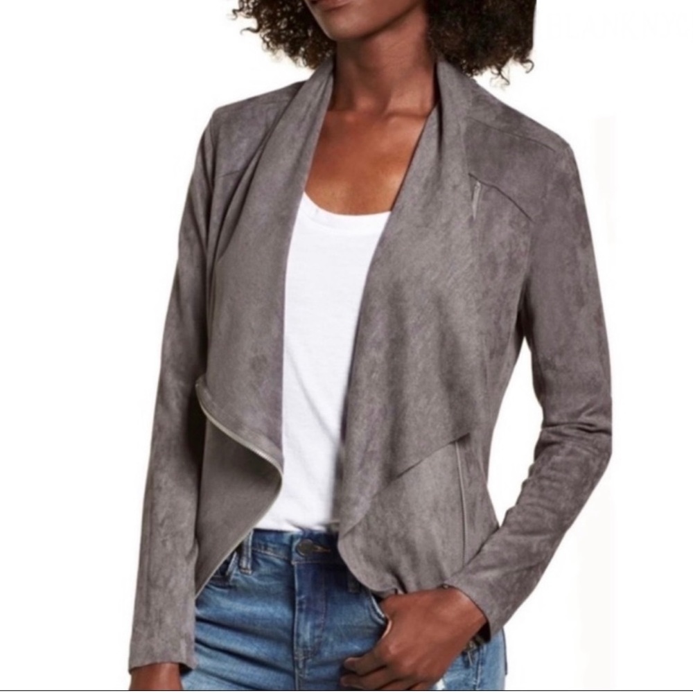 Blank NYC Faux Wrap Vegan Suede Asymmetrical Zip Draped Moto Jacket Grey Medium